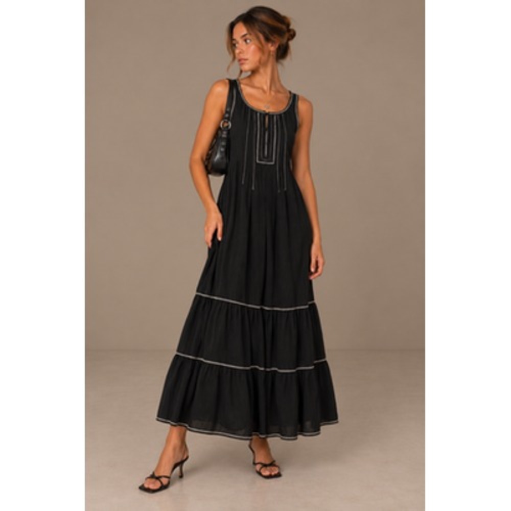 Max Studio Dress Womens Large Black Embroidered Tiered Midi Maxi Boho Trim